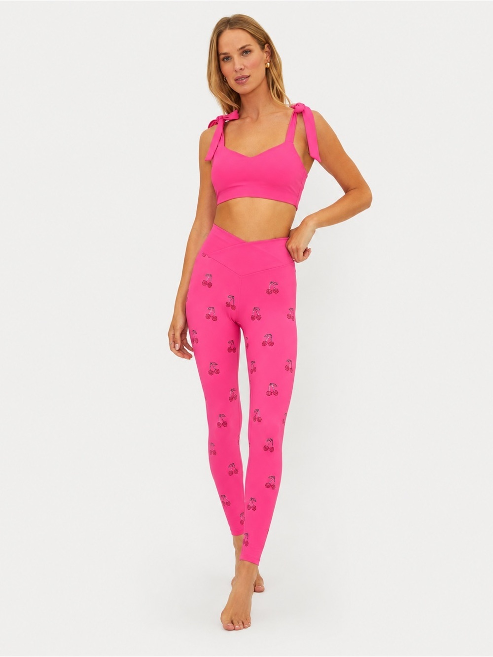 Beach Riot Cherry Print V-Waist Leggings Hot Pink Activewear Size XS